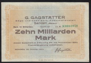 1923 10 Billion Mark Senden Germany Old Vintage Emergency Money Banknote Bill Vf