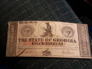 Civil War Confederate 1862 5 Dollar Bill Milledgeville Georgia Paper Money Note