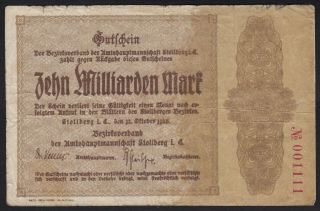 1923 10 Billion Mark Stollberg Germany Old Vintage Emergency Money Banknote Vg