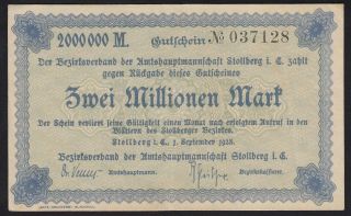 1923 2 Million Mark Stollberg Germany Old Vintage Emergency Money Banknote Vf