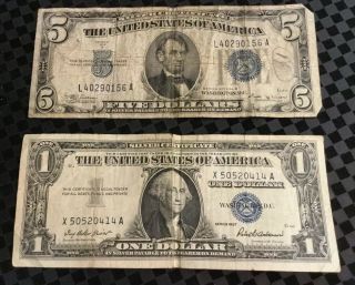 1934 $5 Silver Certificate 1957 $1 Silver Cert.  Circulated Paper Money Dollar