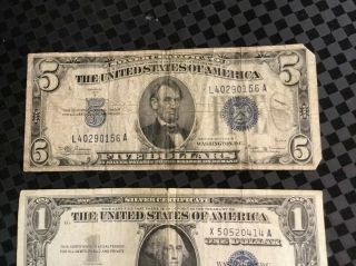 1934 $5 SILVER CERTIFICATE 1957 $1 Silver Cert.  Circulated Paper Money Dollar 2