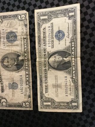 1934 $5 SILVER CERTIFICATE 1957 $1 Silver Cert.  Circulated Paper Money Dollar 3