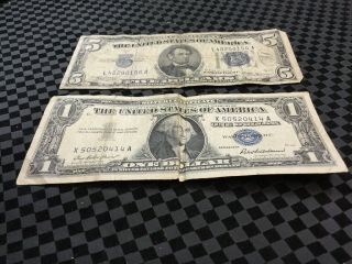 1934 $5 SILVER CERTIFICATE 1957 $1 Silver Cert.  Circulated Paper Money Dollar 4