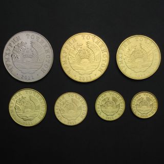 [t - 1] Tajikistan Set 7 Coins,  1,  2,  5,  10,  20,  50 Diram,  1 Somoni,  2011,  Unc