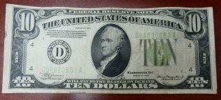1934 $10 Federal Reserve Note Cleveland F/vf - Bmm