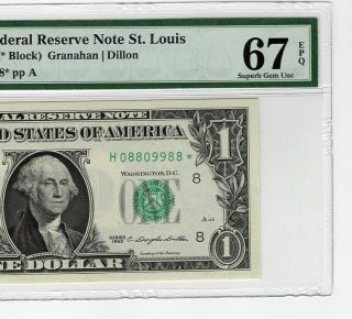 Star 1963 $1 Federal Reserve Note Pmg Graded 67 Gem Unc Epq Fr 1900 - H