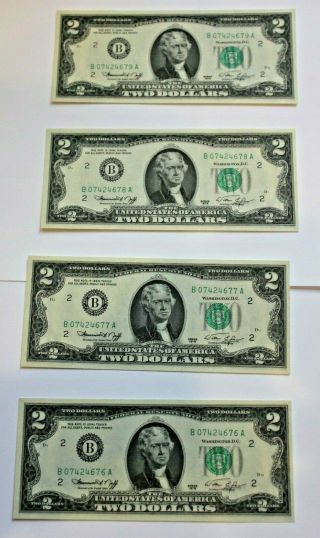 Four (4) Crisp 1976 Unc Two Dollar Bill $2 York Consecutive Numbers