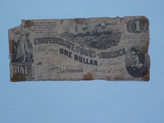Civil War Confederate 1862 1 Dollar Bill Paper Money Note Cs Richmond Virginia