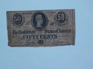 Civil War Confederate 1864 50 Cents Note Richmond Virginia Paper Money Currency