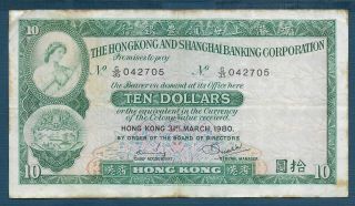 China Hong Kong 10 Dollars Hsbc,  1980,  Vf Yellow