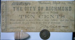 1862 Civil War Fractional 10c Obsolete Note,  Cw Bullet,  1865 Indian Cent Coin Nr