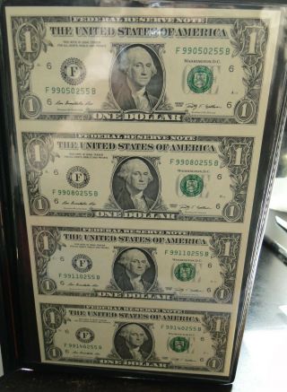 2009 $1 Federal Reserve Notes - Uncut Sheet Of 4 - Leather Folder With