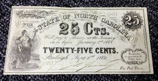 1862 Twenty Five Cents The State Of North Carolina Note - Civil War Era Cr.  108
