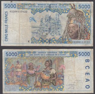 West African States 5000 Francs 2002 (f - Vf) Banknote P - 713kl