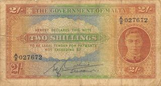 Malta 2/ - Nd.  1943 P 17b Series A/2 Circulated Banknote Ejwe
