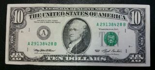 1993 $10 Dollar Bill Bleed Through Ink Reverse Error Federal Reserve Note