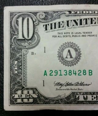 1993 $10 Dollar Bill Bleed Through Ink Reverse Error FEDERAL RESERVE NOTE 2