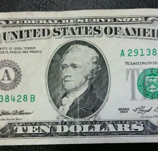 1993 $10 Dollar Bill Bleed Through Ink Reverse Error FEDERAL RESERVE NOTE 3