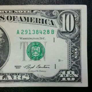 1993 $10 Dollar Bill Bleed Through Ink Reverse Error FEDERAL RESERVE NOTE 4