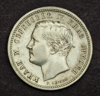 1875,  Principality Of Serbia,  Milan Obrenovic.  Scarce Silver 1 Dinar Coin.  Axf