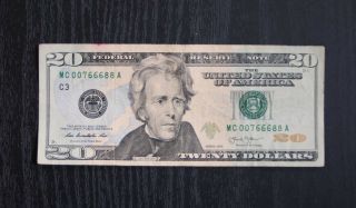 $20 Dollar Bill Note 2013 Low Fancy Serial Numbers Mc 00766688 A