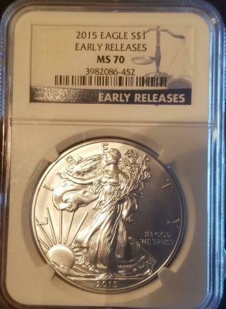 2015 $1 American Silver Eagle Ngc Ms70 Early Releases Blue Label