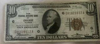 1929 $10 Federal Reserve Bank Of Chicago G01628612a