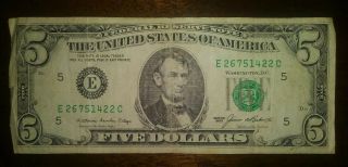 1985 $5 Dollar Bill Federal Reserve Bank Of Richmond E26751422c