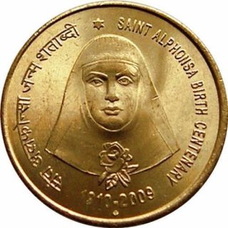 India - Republic 5 Rupees,  2009,  St.  Alphonsa,  100th Anniversary Uncirculated Coin