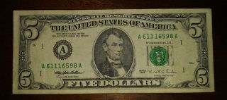 1995 $5 Dollar Bill Federal Reserve Of Boston A61116598a