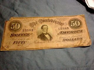 1864 Civil War Confederate $50.  00 Bill Richmond Va