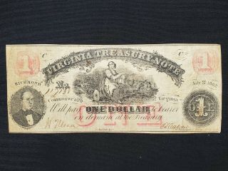 1862 Commonwealth Of Virginia Treasury Note State Currency $1 Dollar