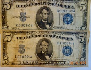 1934a Five Dollar $5 Bill 2 Notes Silver Certificate Blue Seal Note Currency