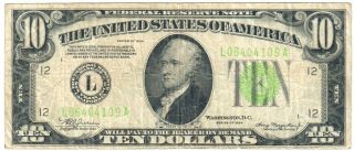 1934 $10.  00 Federal Reserve Note,  Green Seal,  Circulated,