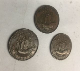 [3] 1946 1950 1952 Uk/gb Half Penny Coins Outstanding War Ship