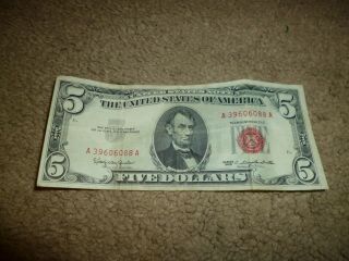 1963 Red Seal $5.  00 Lincoln Note,  Five Dollar Bill