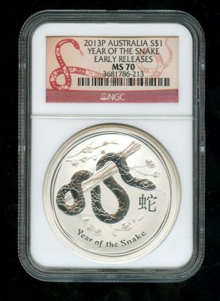 2013 P Australia 1 Oz.  999 Silver $1 Year Of The Snake Ngc Ms 70 Early Release 1