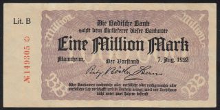 1923 1 Million Mark Mannheim German State Baden Old Emergency Banknote P S912 Vf