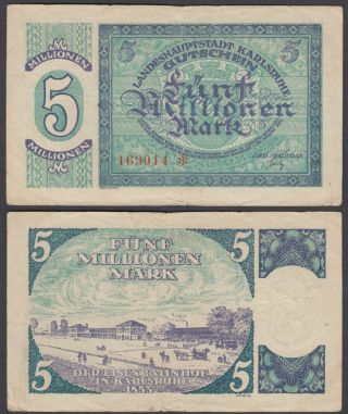 Germany 5 Millionen Mark 1923 (vf) Banknote Karlsruhe
