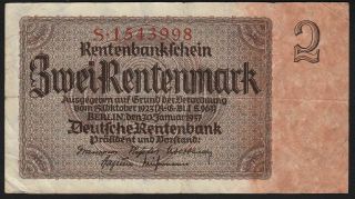 1937 2 Rentenmark Germany Vintage Nazi Old Money Banknote 3rd Reich P 174a Vf
