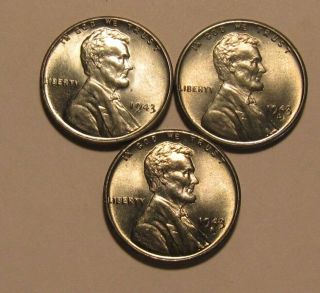 1943 1943 D 1943 S (steel) Lincoln Cent Penny - Bu - 7sa - 2