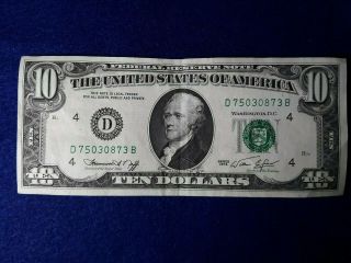 1974 (d) Federal Reserve Note Ten Dollar Bill.  $10.  00.