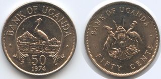 G1206 - Uganda 50 Cents 1974 Km 4 Xf - Unc Rare