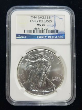 2014 $1 American Silver Eagle Ngc - Ms70 Early Releases Blue Label 1 Oz.  999