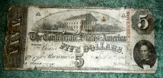 Jb Rfm 63514 Confederate States Of America Five Dollars Note 1863.  Good Conditio