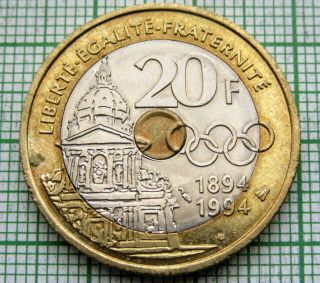 France 1994 20 Francs,  Pierre De Coubertin 100yrs Olympic Committee Tri - Metallic