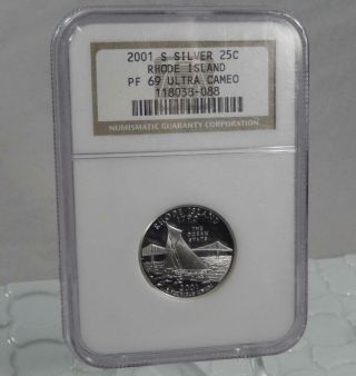 2001 - S Silver Proof 25c Rhode Island Quarter Ngc Pf 69 Ultra Cameo Coin Sl045