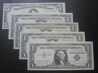 1953 A $5 Silver Certificate Note,  4 1957 $1 Silver Certificates - Collect