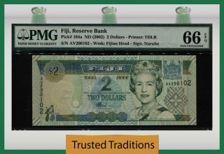 Tt Pk 104a Nd (2002) Fiji Reserve Bank 2 Dollars Pmg 66 Epq Gem Uncirculated
